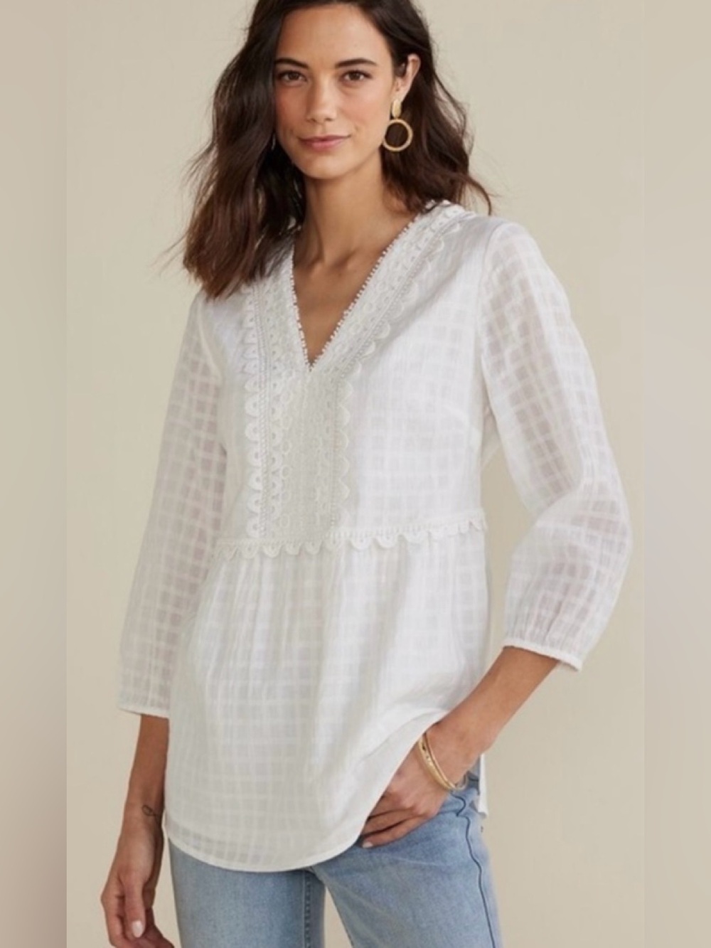 New Soft Surroundings Elodie Windowpane Gauze White Blouse Top Large